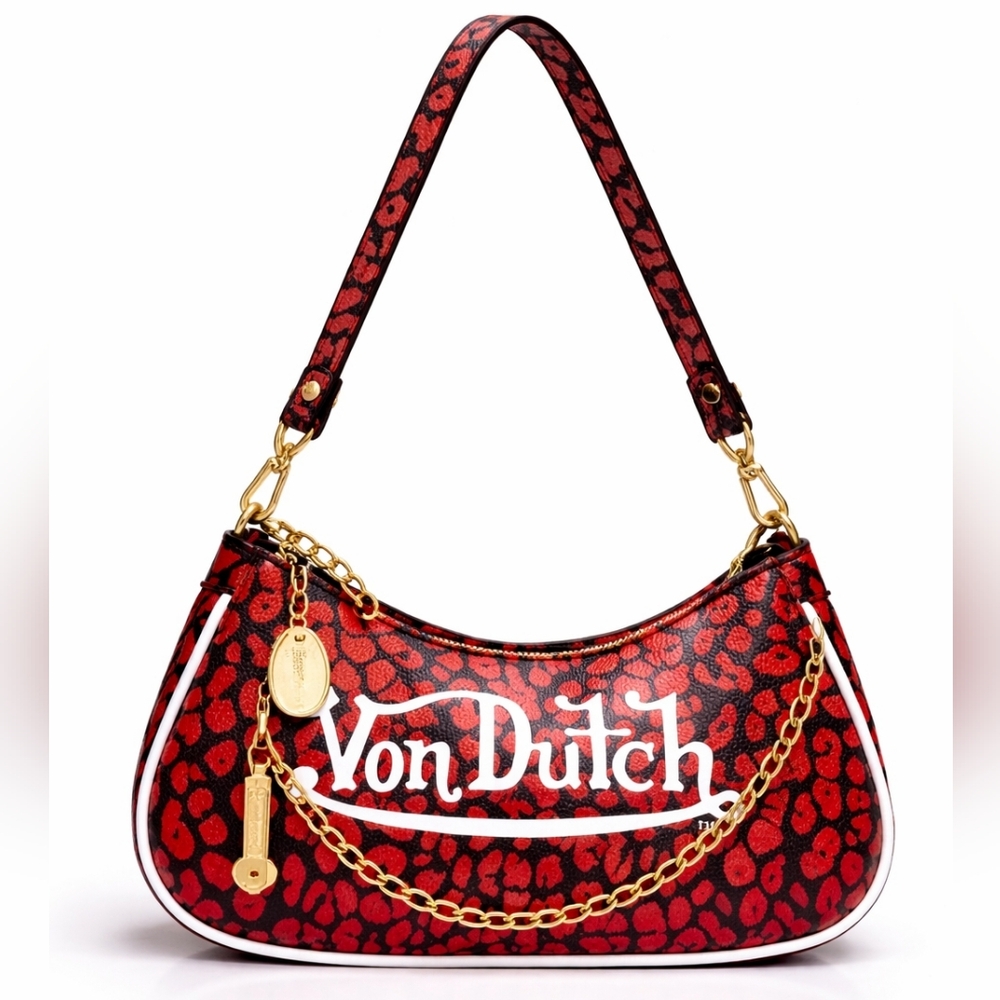 Von Dutch Red Leopard Shoulder Bag Y2K Gold Chain Charm Mini Purse